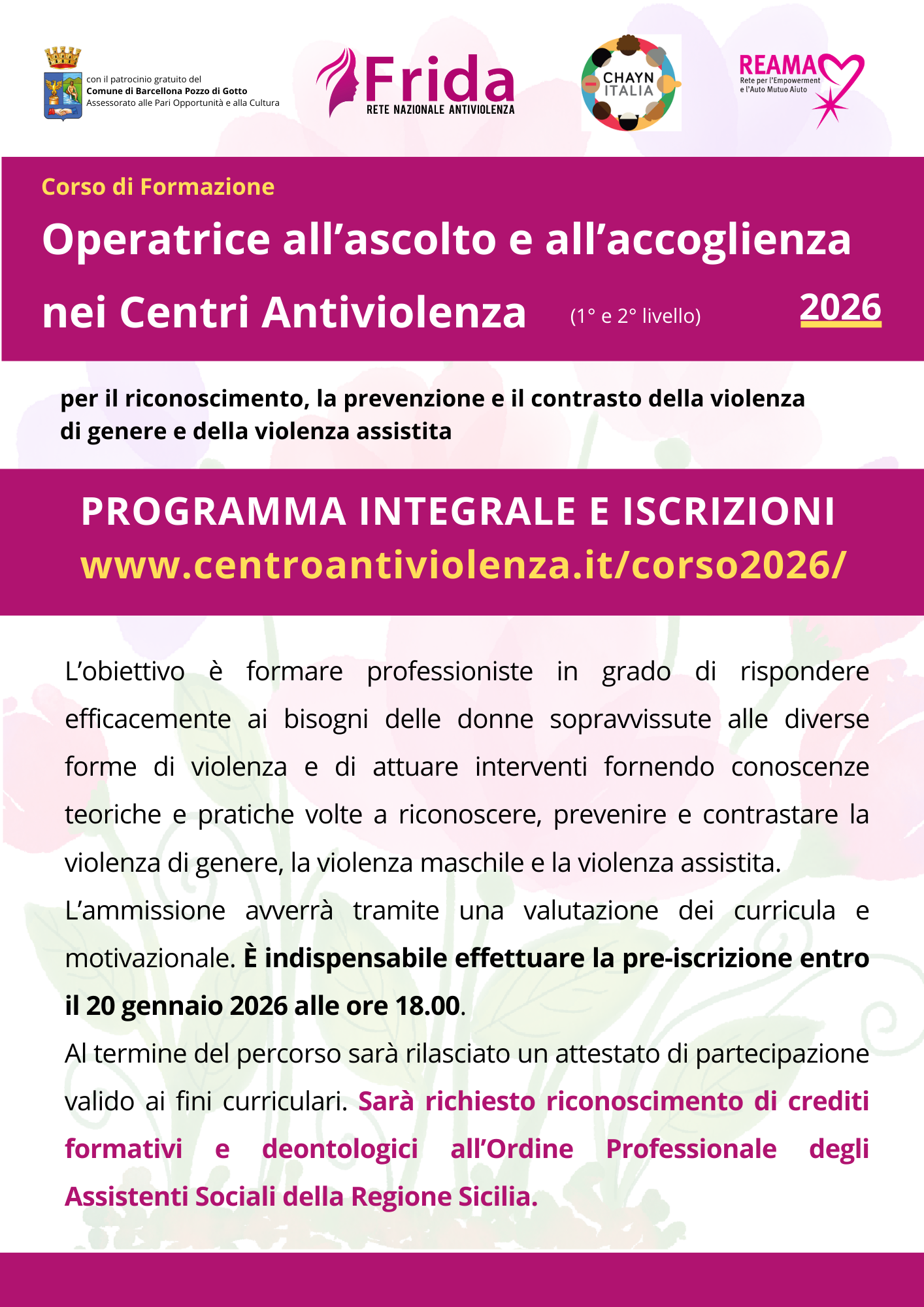 Corso Operatrice all’ascolto e all’accoglienza nei Centri Antiviolenza – anno 2026
